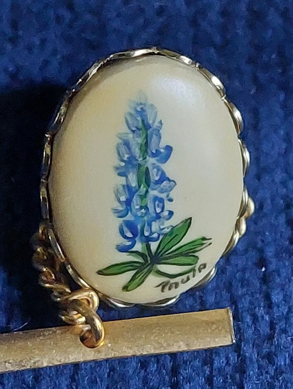 Vintage Signed Paula Hand-Painted Procelain Texas Bluebonnet Tie Tack